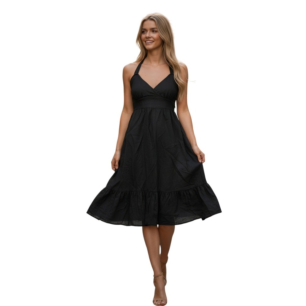 J.Crew 100% Linen Halter Dress Dark Gray Ruffle Hem Smocked‎ Back S NOS $128